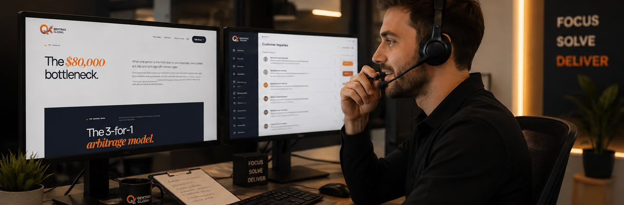 Dedicated customer support agent handling enquiries from a Qentrax Global workstation